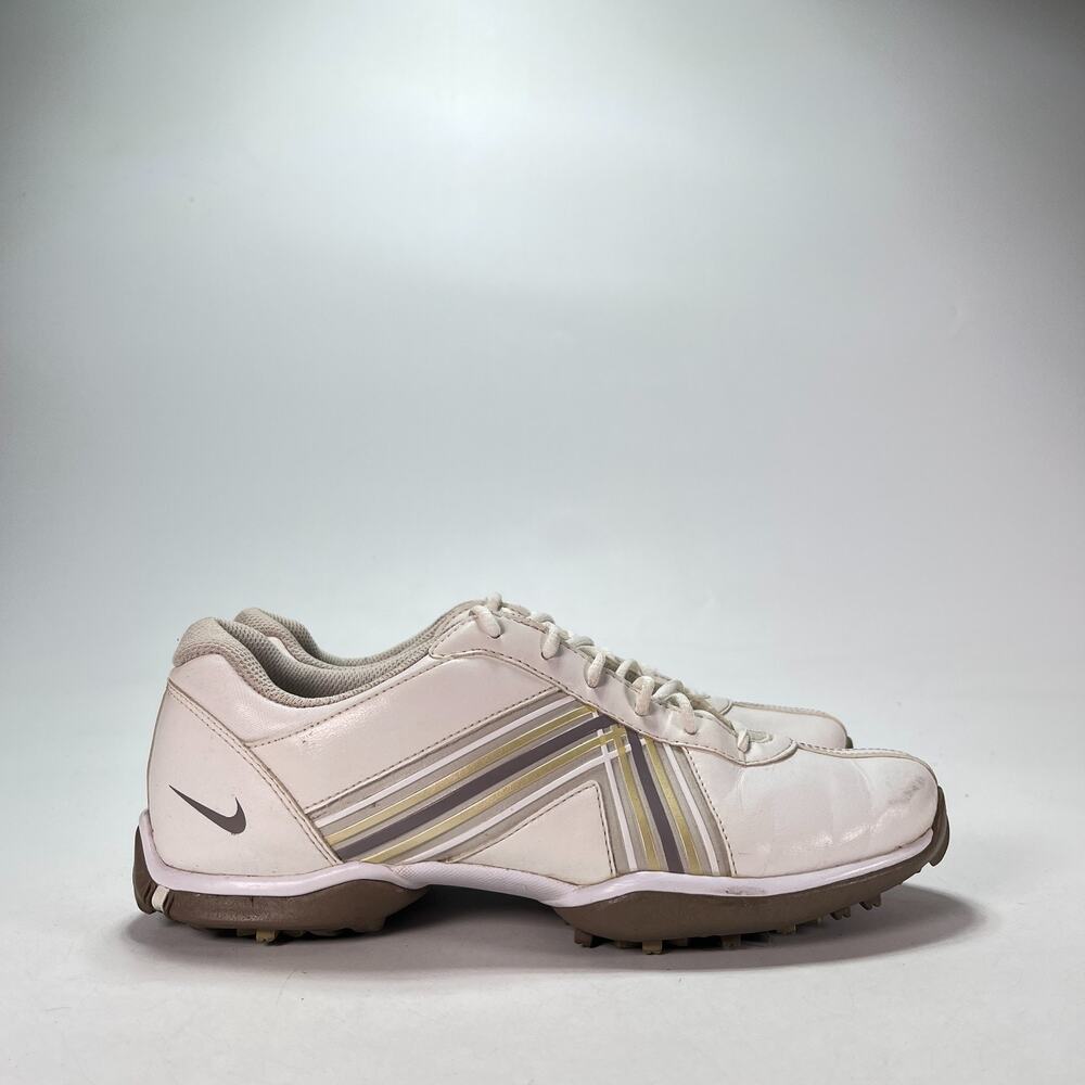 Nike Delight White Brown Spike Leather Golf Shoes 549583-100 Womenโs Size 7